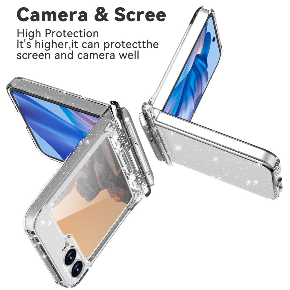 GW18 For Samsung Galaxy Z Flip7 FE 5G  /  Flip6 5G Case Rubberized Hard PC Kickstand Phone Cover - Clear Glitter
