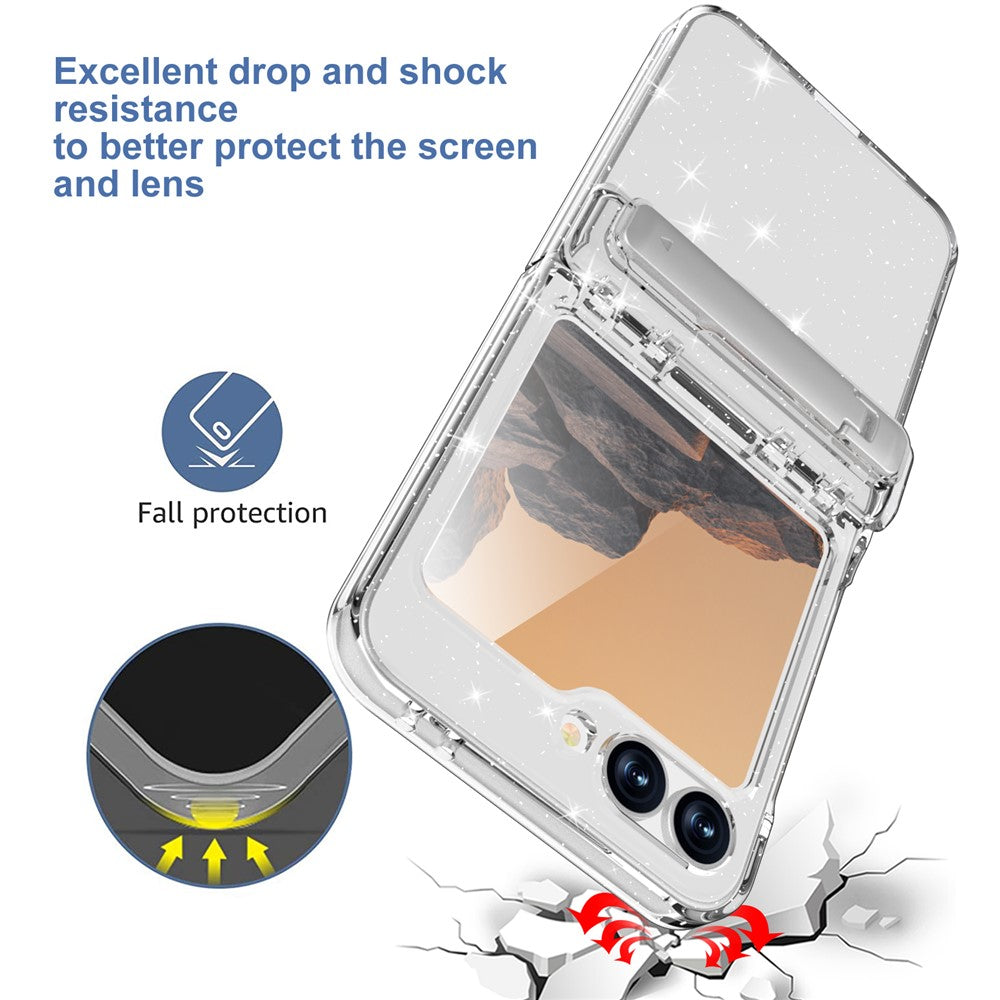 GW18 For Samsung Galaxy Z Flip7 FE 5G  /  Flip6 5G Case Rubberized Hard PC Kickstand Phone Cover - Clear Glitter