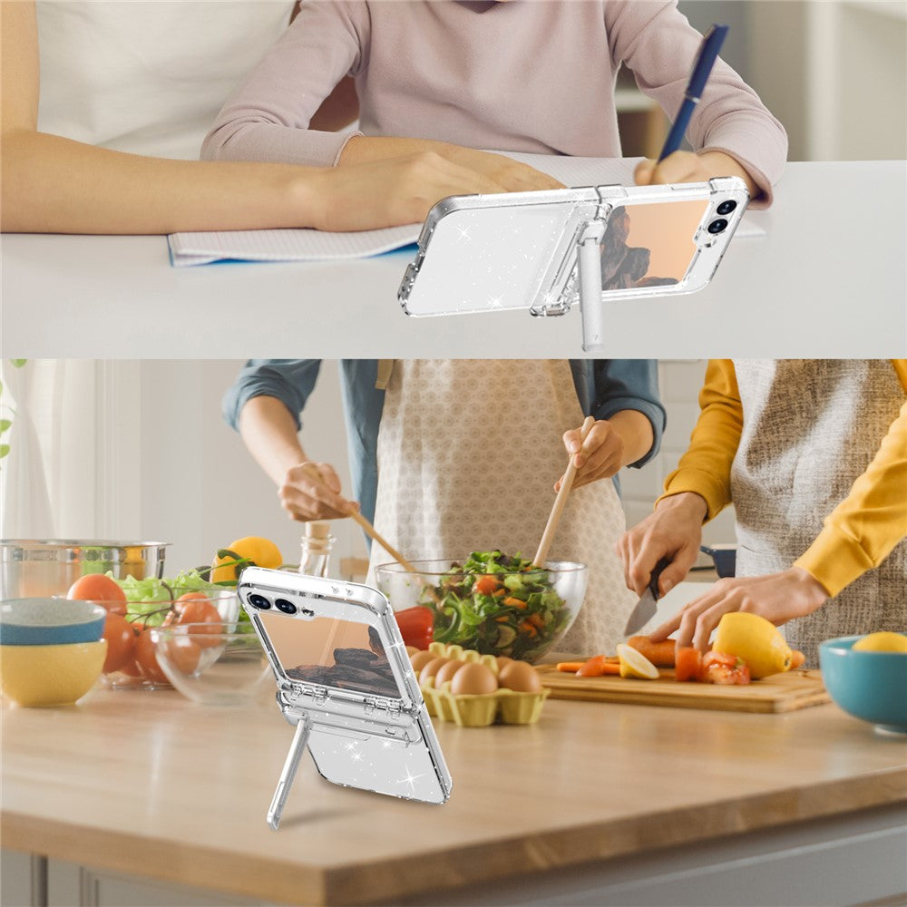 GW18 For Samsung Galaxy Z Flip7 FE 5G  /  Flip6 5G Case Rubberized Hard PC Kickstand Phone Cover - Clear Glitter