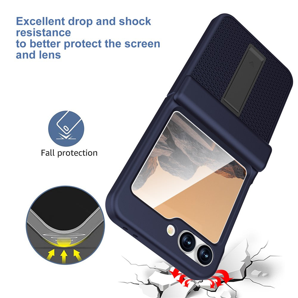 GW182 For Samsung Galaxy Z Flip7 FE 5G  /  Flip6 5G Kickstand Case Solid Color Hard PC Phone Back Cover - Dark Blue