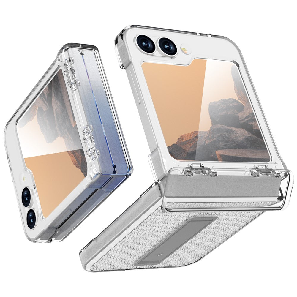 GW182 For Samsung Galaxy Z Flip7 FE 5G  /  Flip6 5G Kickstand Case Solid Color Hard PC Phone Back Cover - Transparent