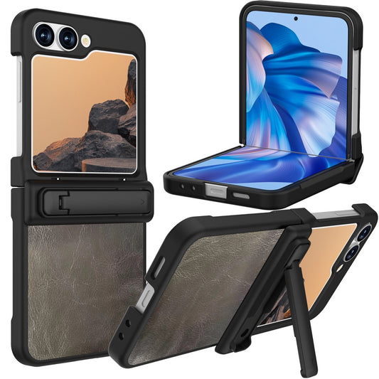 GW181 For Samsung Galaxy Z Flip7 FE 5G / Flip6 5G Kickstand Case Crazy Horse Texture PU PC Phone Back Cover - Black