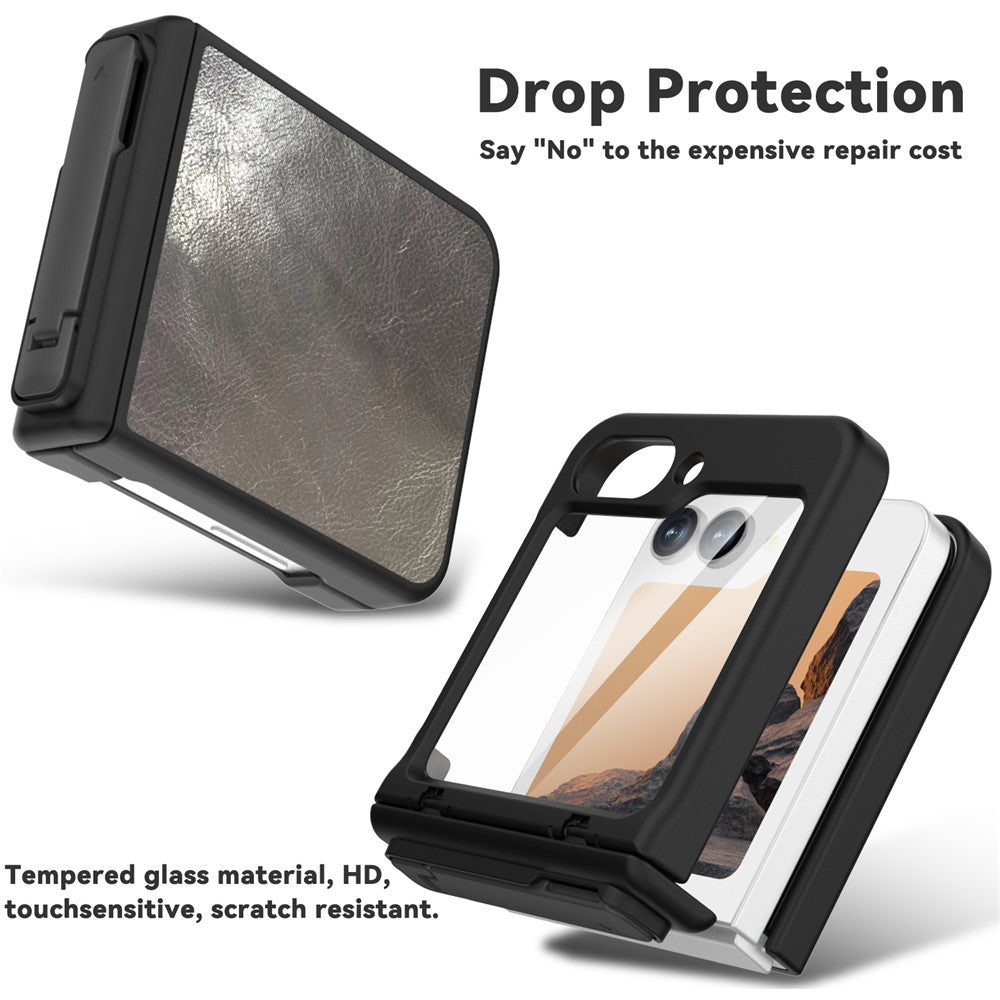 GW181 For Samsung Galaxy Z Flip7 FE 5G / Flip6 5G Kickstand Case Crazy Horse Texture PU PC Phone Back Cover - Black