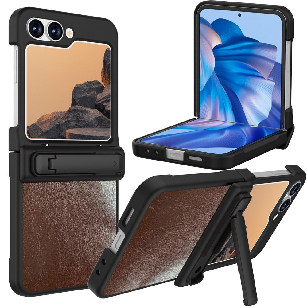 GW181 For Samsung Galaxy Z Flip7 FE 5G / Flip6 5G Kickstand Case Crazy Horse Texture PU PC Phone Back Cover - Dark Brown