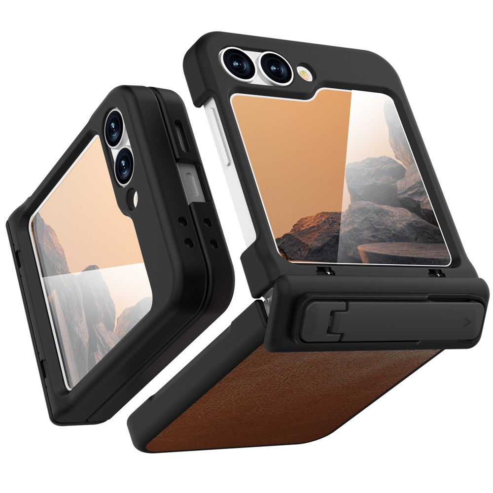 GW181 For Samsung Galaxy Z Flip7 FE 5G / Flip6 5G Kickstand Case Crazy Horse Texture PU PC Phone Back Cover - Khaki