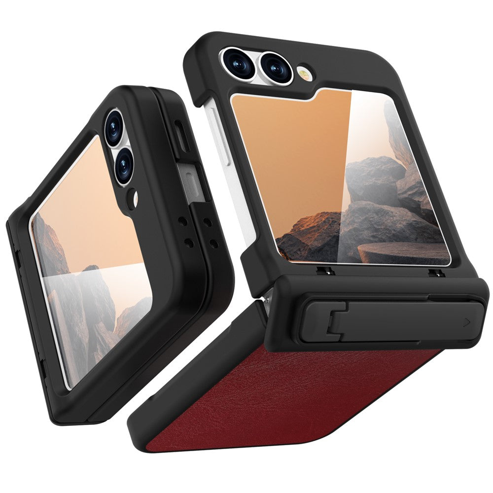 GW181 For Samsung Galaxy Z Flip7 FE 5G / Flip6 5G Kickstand Case Crazy Horse Texture PU PC Phone Back Cover - Dark Red