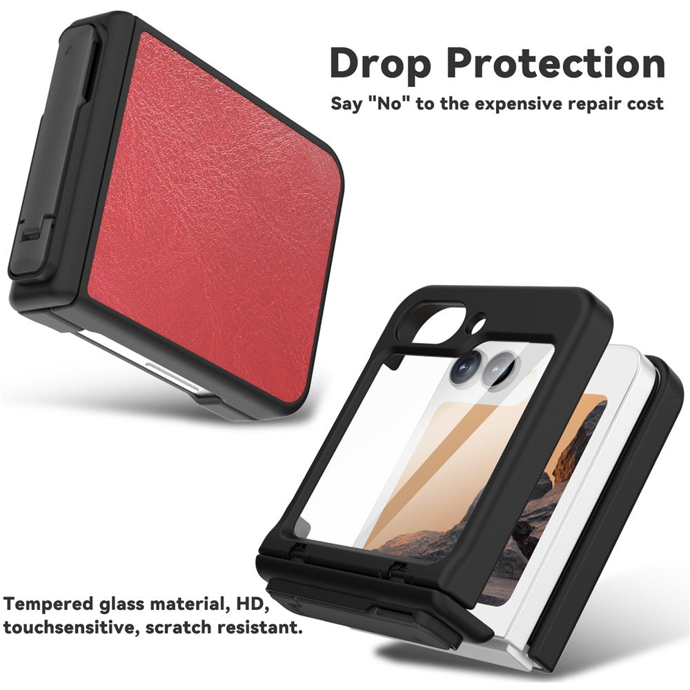 GW181 For Samsung Galaxy Z Flip7 FE 5G / Flip6 5G Kickstand Case Crazy Horse Texture PU PC Phone Back Cover - Dark Red