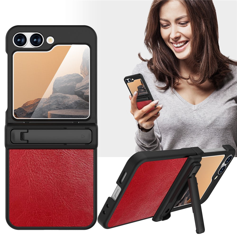 GW181 For Samsung Galaxy Z Flip7 FE 5G / Flip6 5G Kickstand Case Crazy Horse Texture PU PC Phone Back Cover - Dark Red
