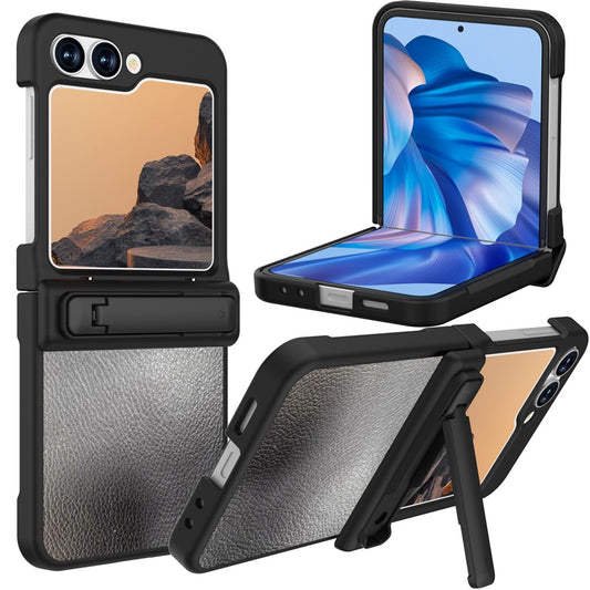 GW181 For Samsung Galaxy Z Flip7 FE 5G / Flip6 5G Kickstand Case Litchi Texture PU + PC Phone Back Cover - Black