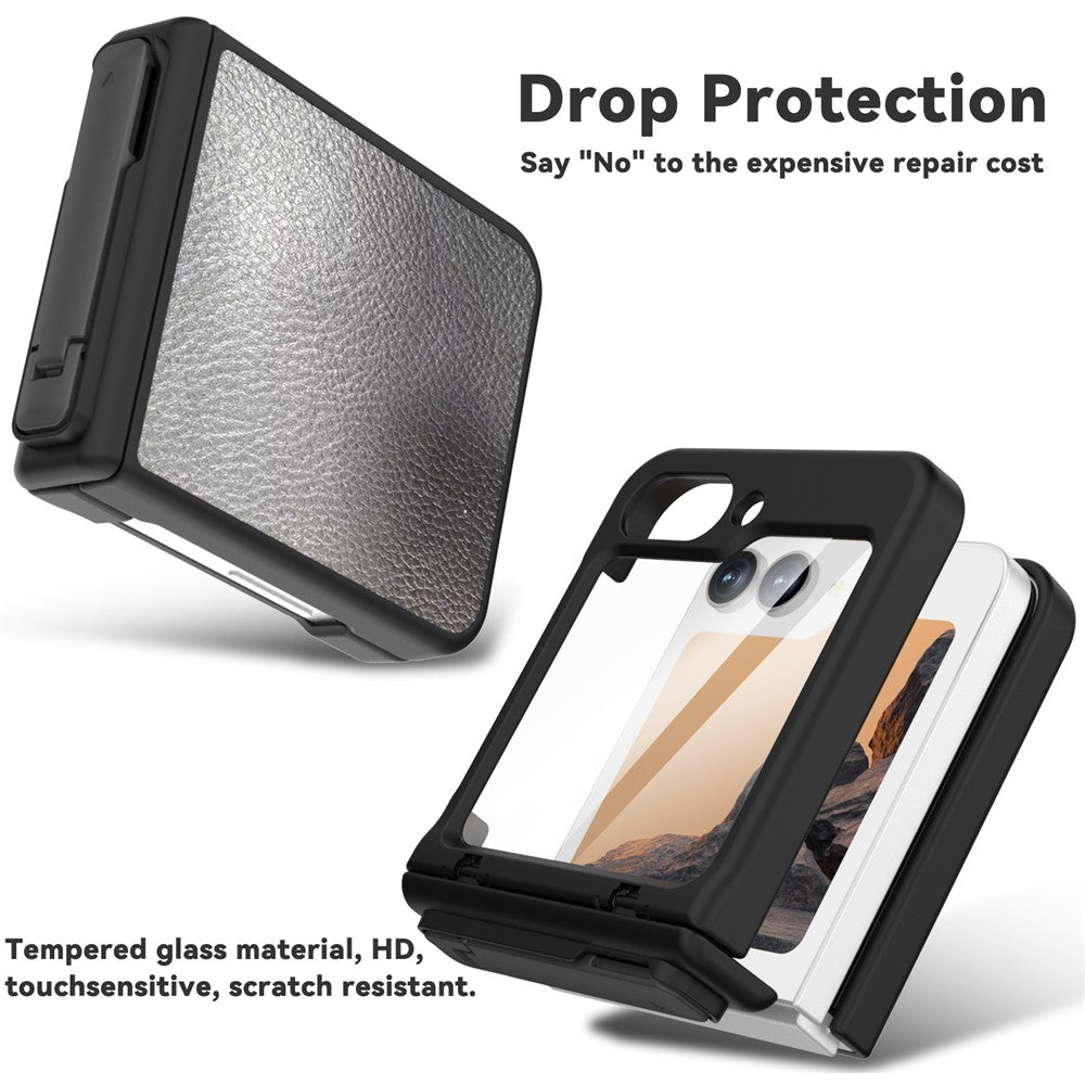 GW181 For Samsung Galaxy Z Flip7 FE 5G / Flip6 5G Kickstand Case Litchi Texture PU + PC Phone Back Cover - Black