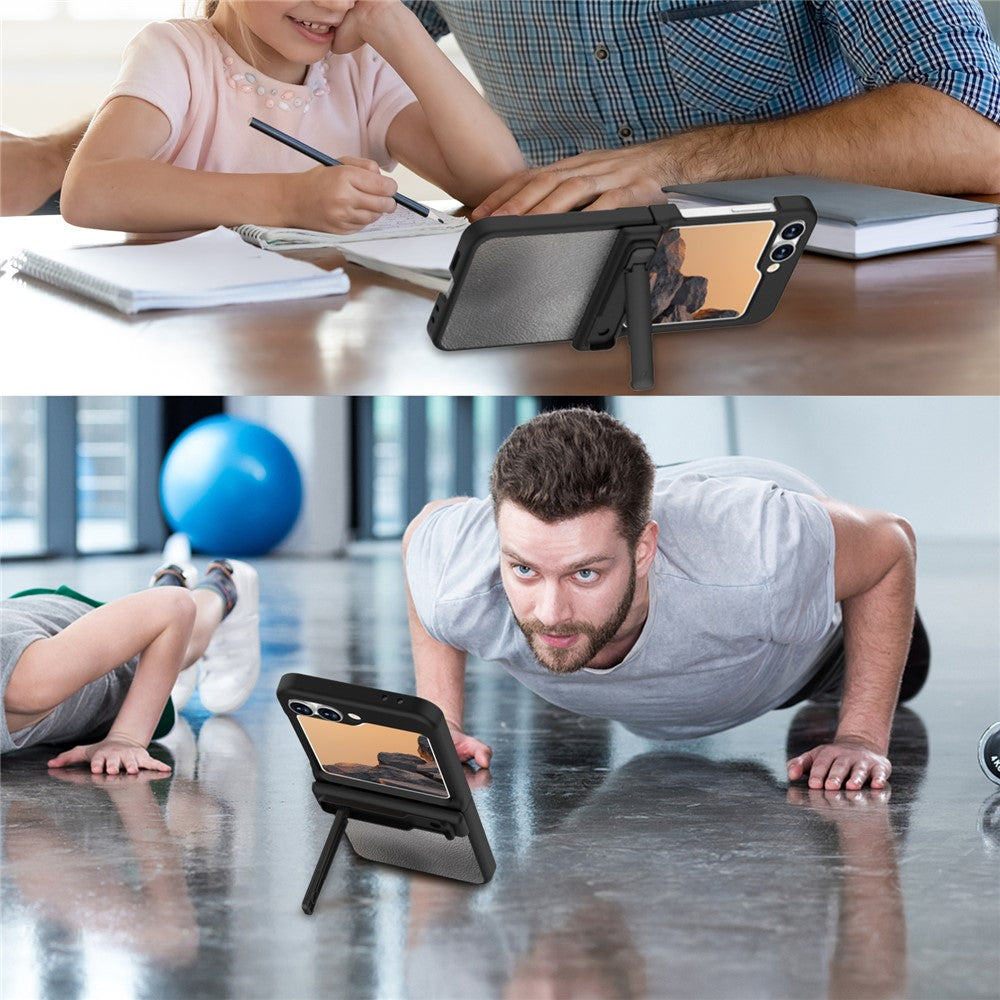 GW181 For Samsung Galaxy Z Flip7 FE 5G / Flip6 5G Kickstand Case Litchi Texture PU + PC Phone Back Cover - Black