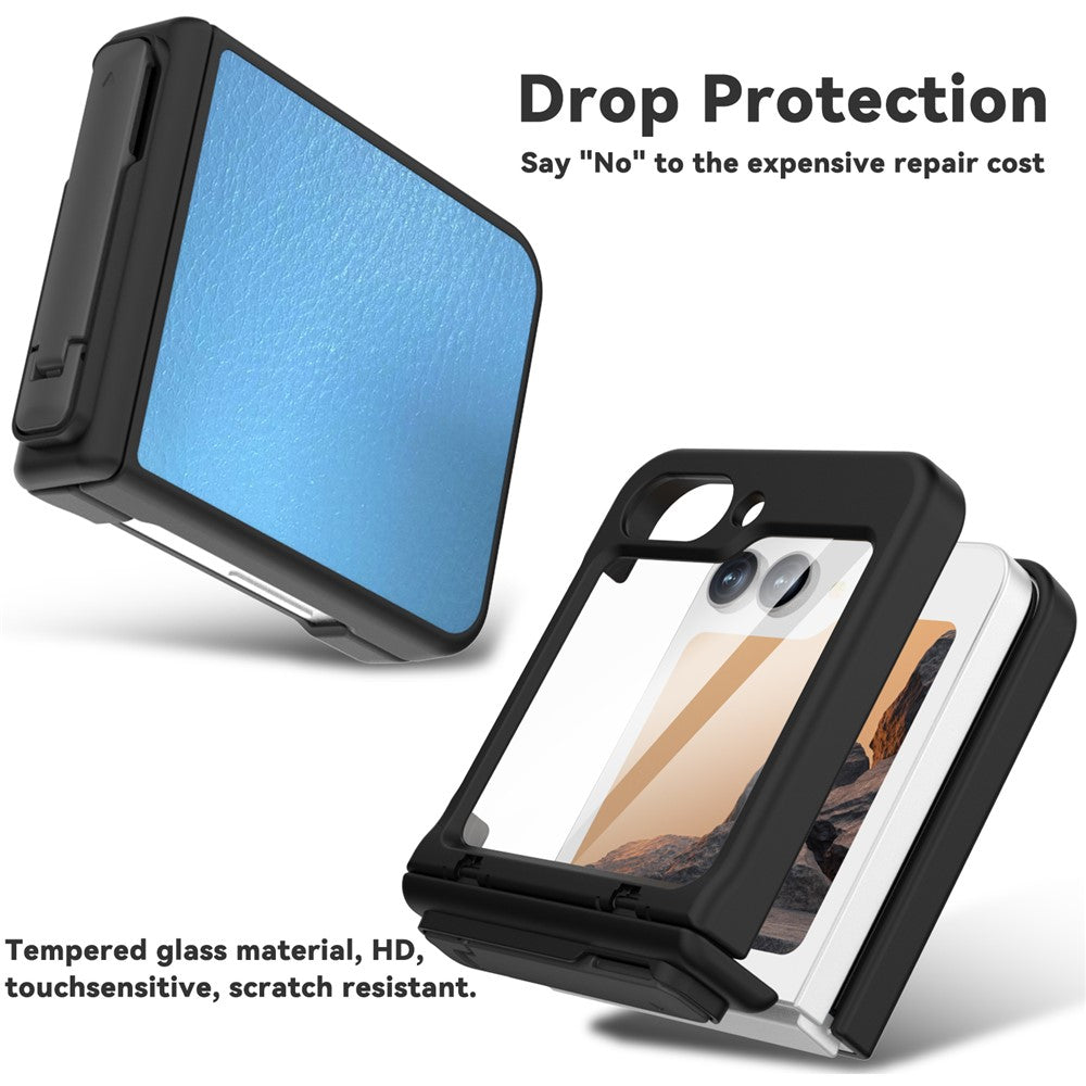 GW181 For Samsung Galaxy Z Flip7 FE 5G / Flip6 5G Kickstand Case Litchi Texture PU + PC Phone Back Cover - Baby Blue