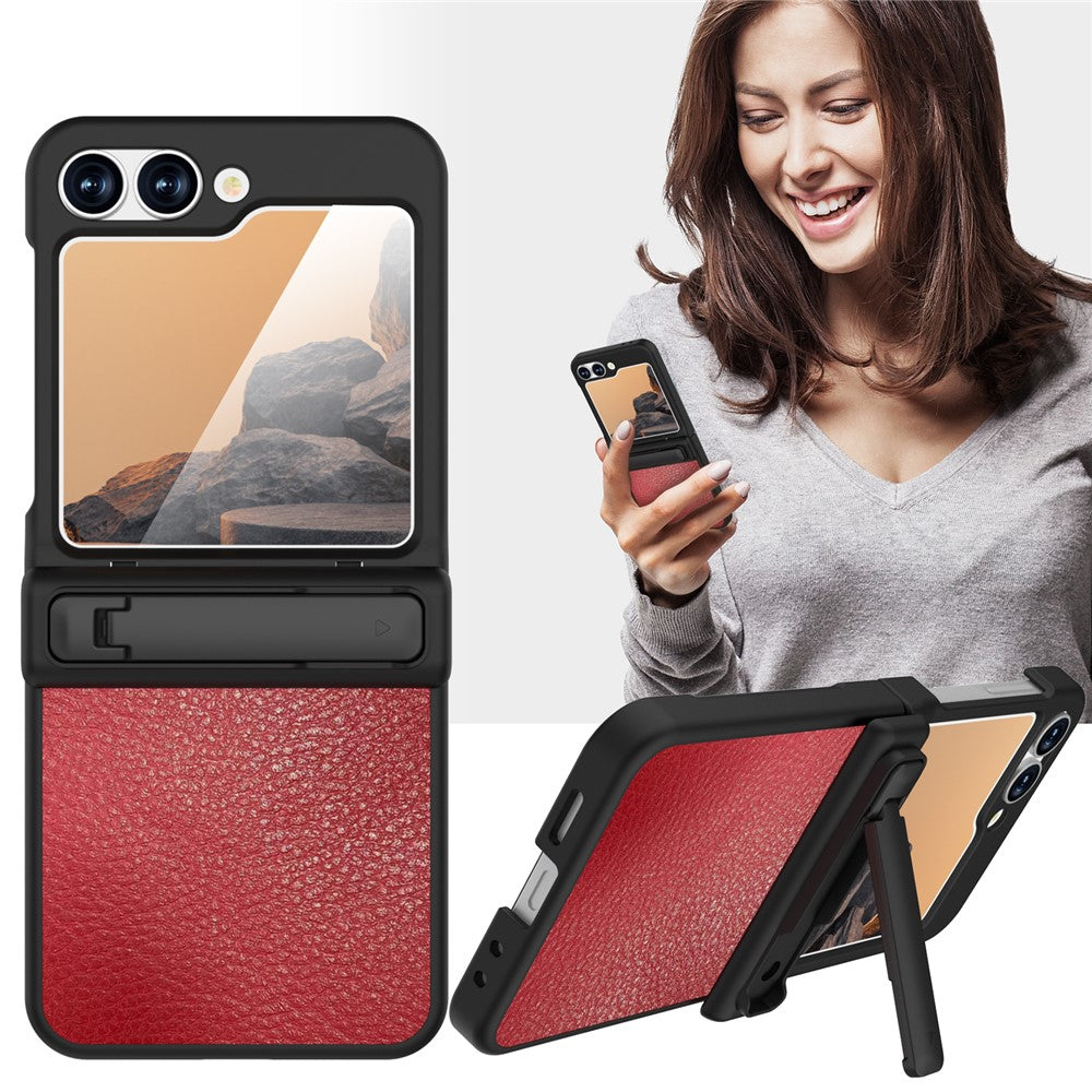 GW181 For Samsung Galaxy Z Flip7 FE 5G / Flip6 5G Kickstand Case Litchi Texture PU + PC Phone Back Cover - Dark Red