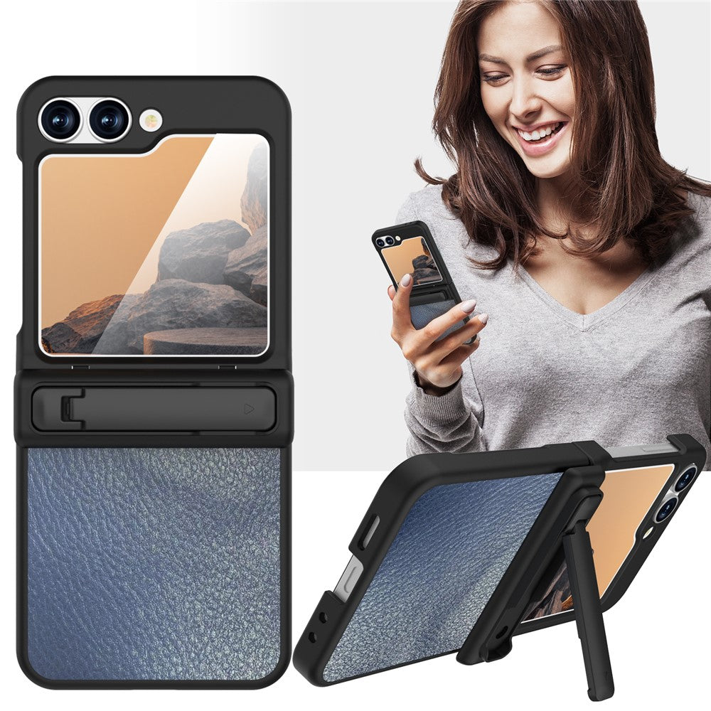 GW181 For Samsung Galaxy Z Flip7 FE 5G / Flip6 5G Kickstand Case Litchi Texture PU + PC Phone Back Cover - Grey Blue