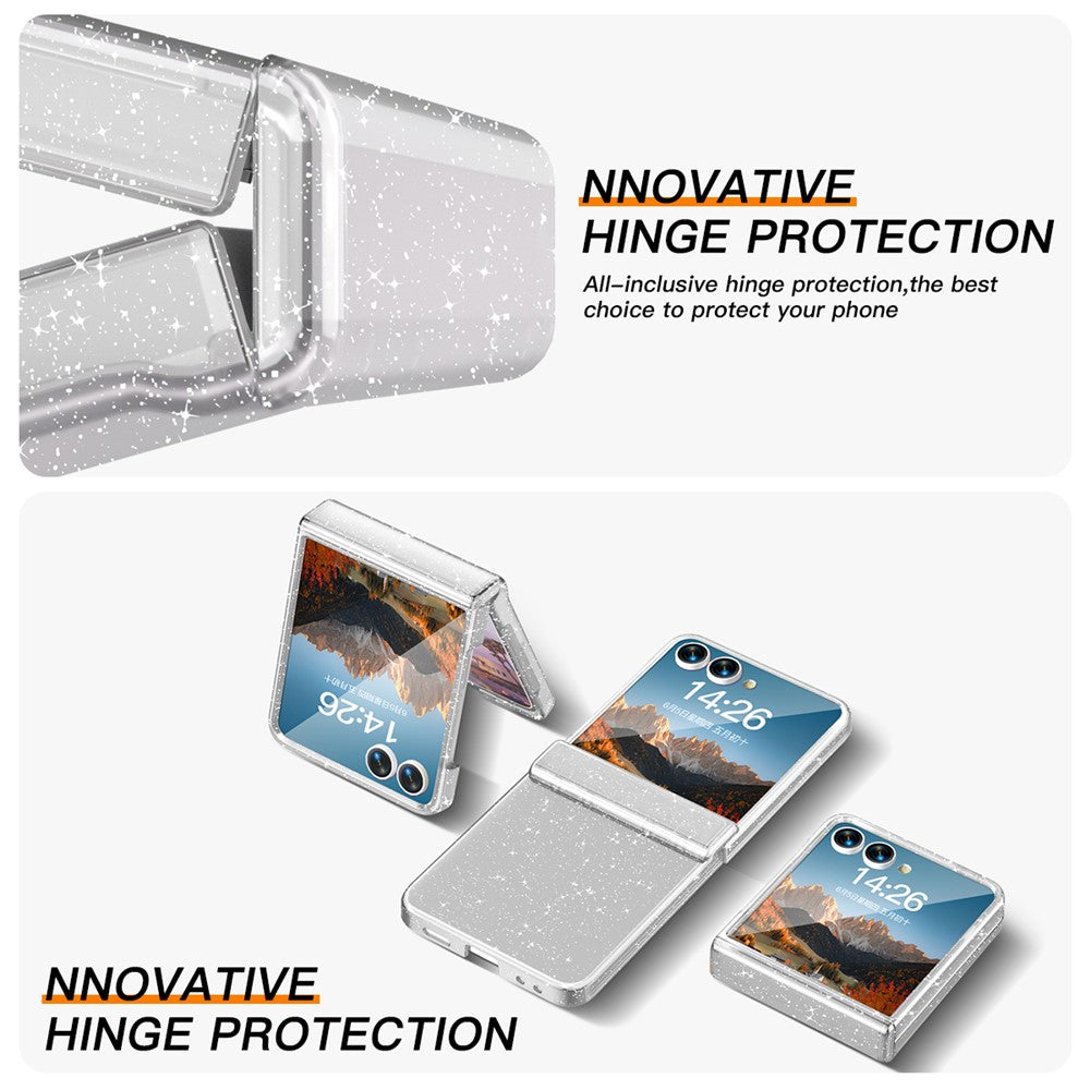 For Samsung Galaxy Z Flip7 5G Case Hinge Protection Hard PC Phone Cover Built-In Screen Film - Clear Glitter