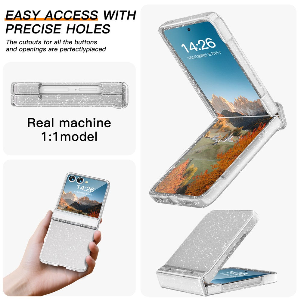 For Samsung Galaxy Z Flip7 5G Case Hinge Protection Hard PC Phone Cover Built-In Screen Film - Clear Glitter