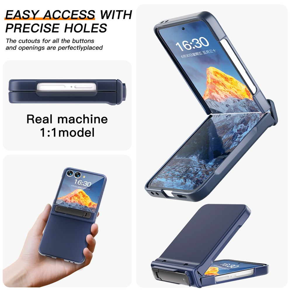 For Samsung Galaxy Z Flip7 5G Kickstand Case Hinge Protection Hard PC Phone Cover Built-In Screen Film - Dark Blue