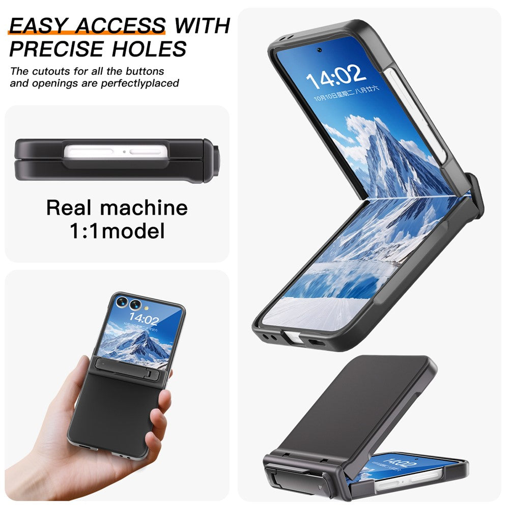 For Samsung Galaxy Z Flip7 5G Kickstand Case Hinge Protection Hard PC Phone Cover Built-In Screen Film - Black