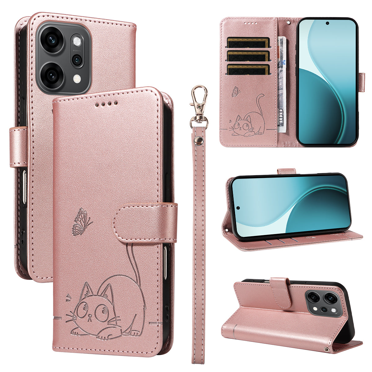 For Oppo Reno14 Pro 5G (China) / Oppo Reno14 Pro 5G (Global) Case Cat Pattern Imprint Leather Phone Cover with Wrist Strap - Rose Gold