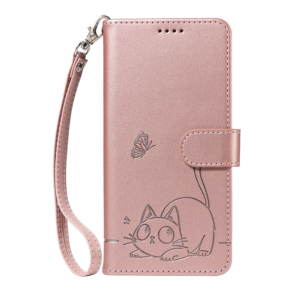 For Oppo Reno14 Pro 5G (China) / Oppo Reno14 Pro 5G (Global) Case Cat Pattern Imprint Leather Phone Cover with Wrist Strap - Rose Gold