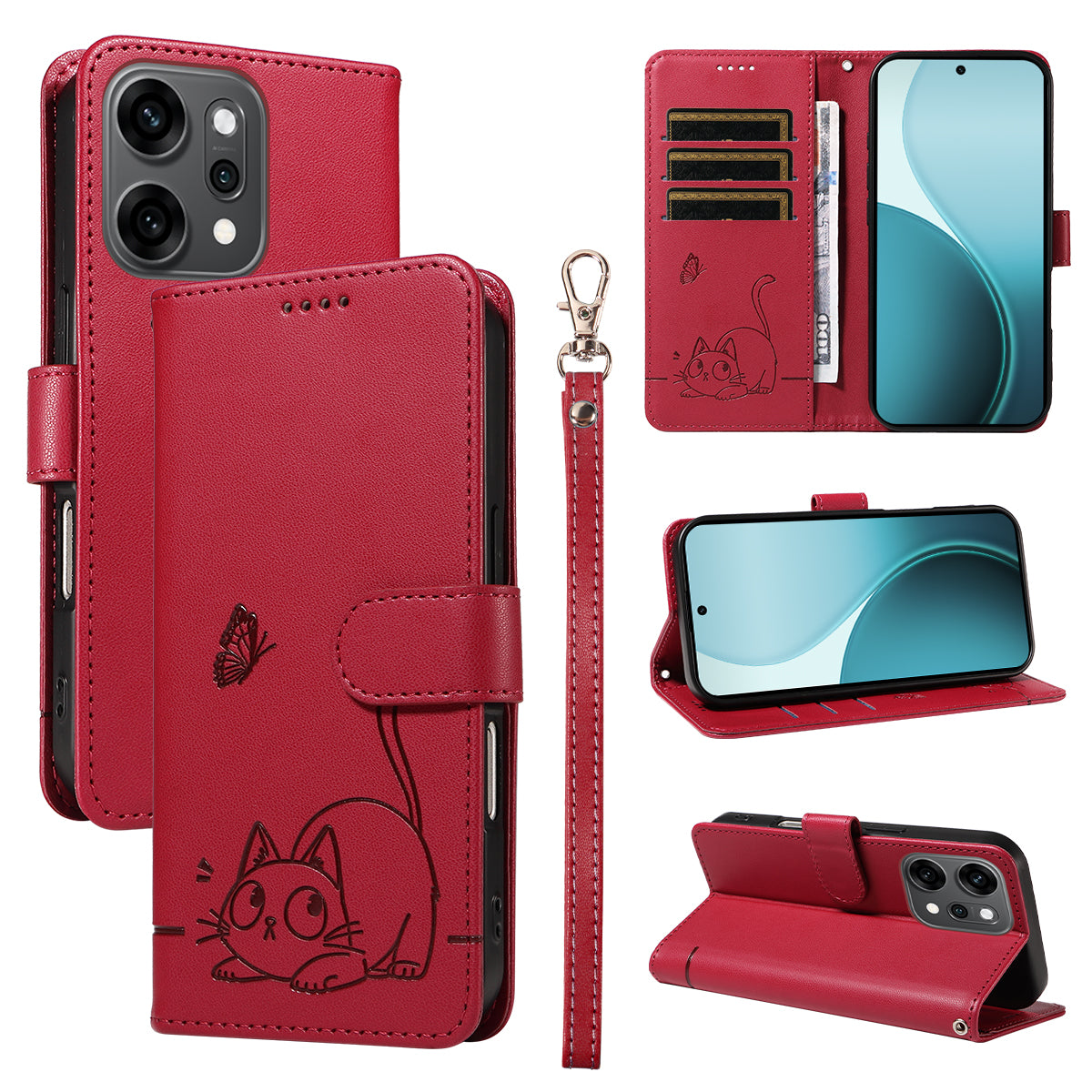 For Oppo Reno14 Pro 5G (China) / Oppo Reno14 Pro 5G (Global) Case Cat Pattern Imprint Leather Phone Cover with Wrist Strap - Red