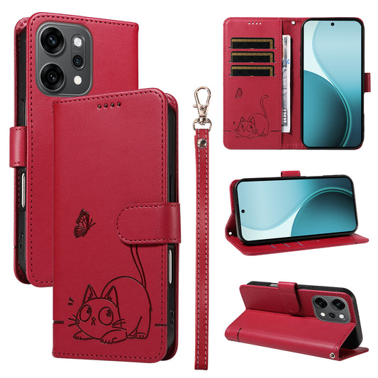 For Oppo Reno14 Pro 5G (China) / Oppo Reno14 Pro 5G (Global) Case Cat Pattern Imprint Leather Phone Cover with Wrist Strap - Red