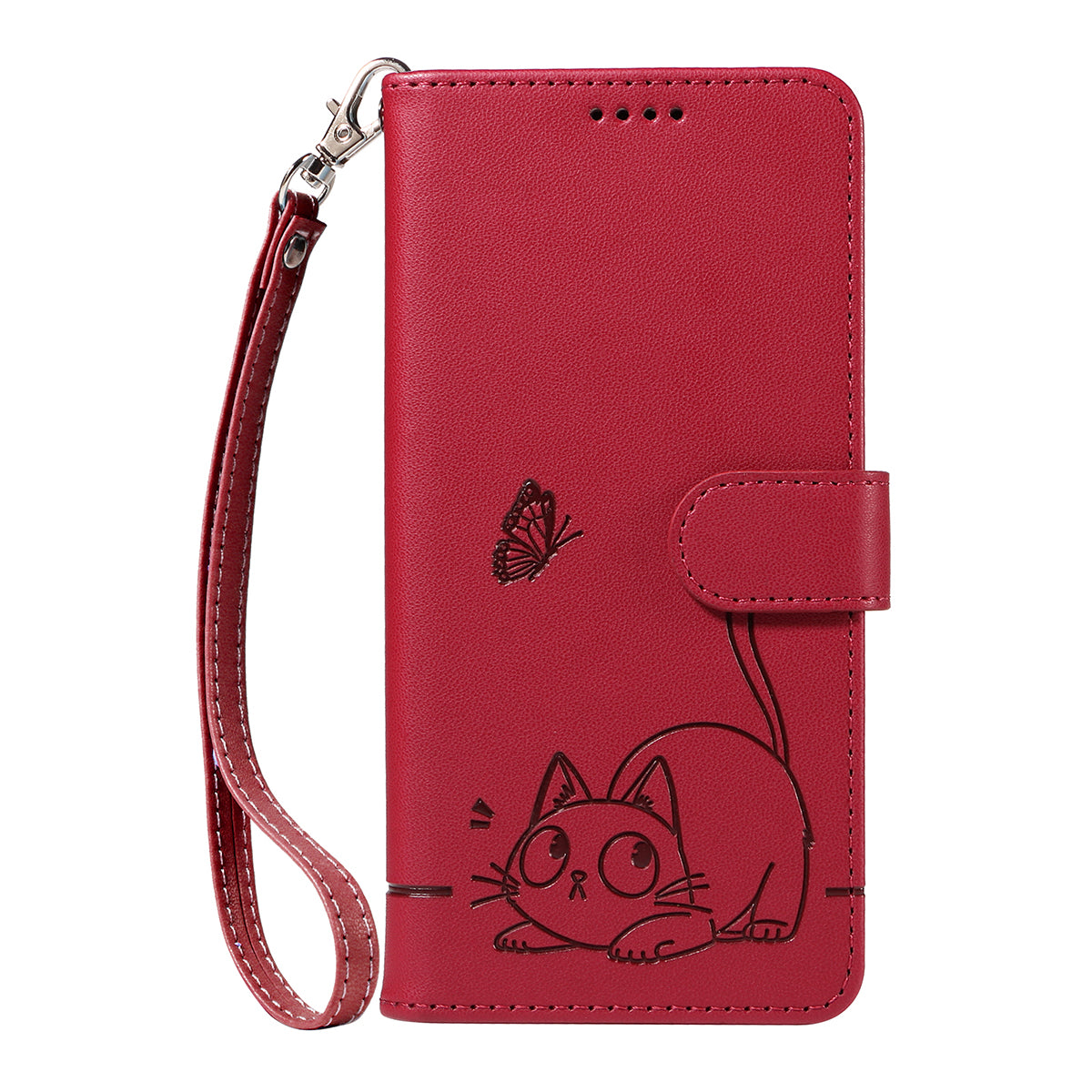 For Oppo Reno14 Pro 5G (China) / Oppo Reno14 Pro 5G (Global) Case Cat Pattern Imprint Leather Phone Cover with Wrist Strap - Red