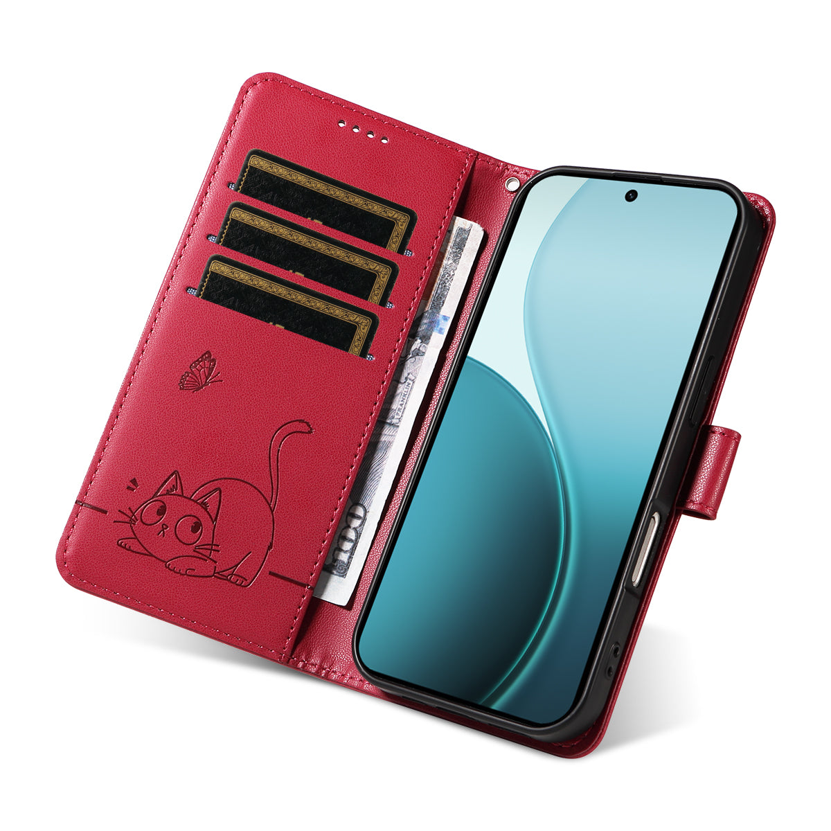 For Oppo Reno14 Pro 5G (China) / Oppo Reno14 Pro 5G (Global) Case Cat Pattern Imprint Leather Phone Cover with Wrist Strap - Red