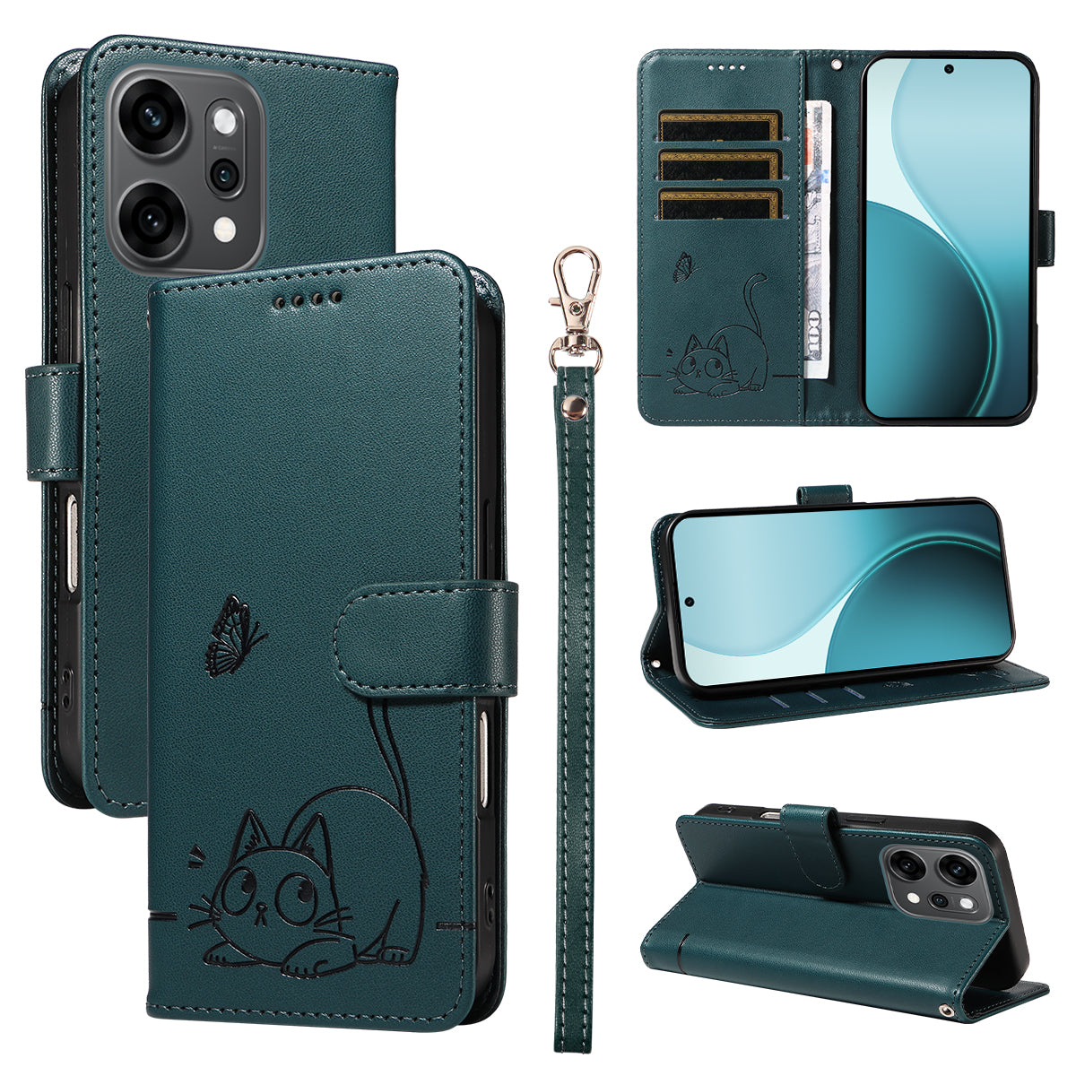 For Oppo Reno14 Pro 5G (China) / Oppo Reno14 Pro 5G (Global) Case Cat Pattern Imprint Leather Phone Cover with Wrist Strap - Blue