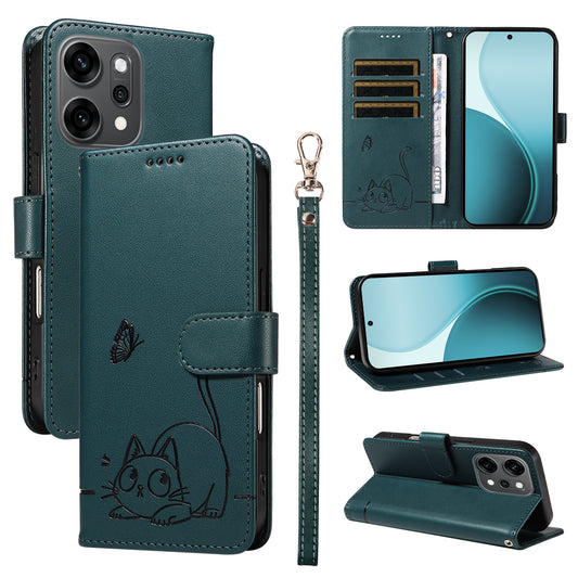 For Oppo Reno14 Pro 5G (China) / Oppo Reno14 Pro 5G (Global) Case Cat Pattern Imprint Leather Phone Cover with Wrist Strap - Blue