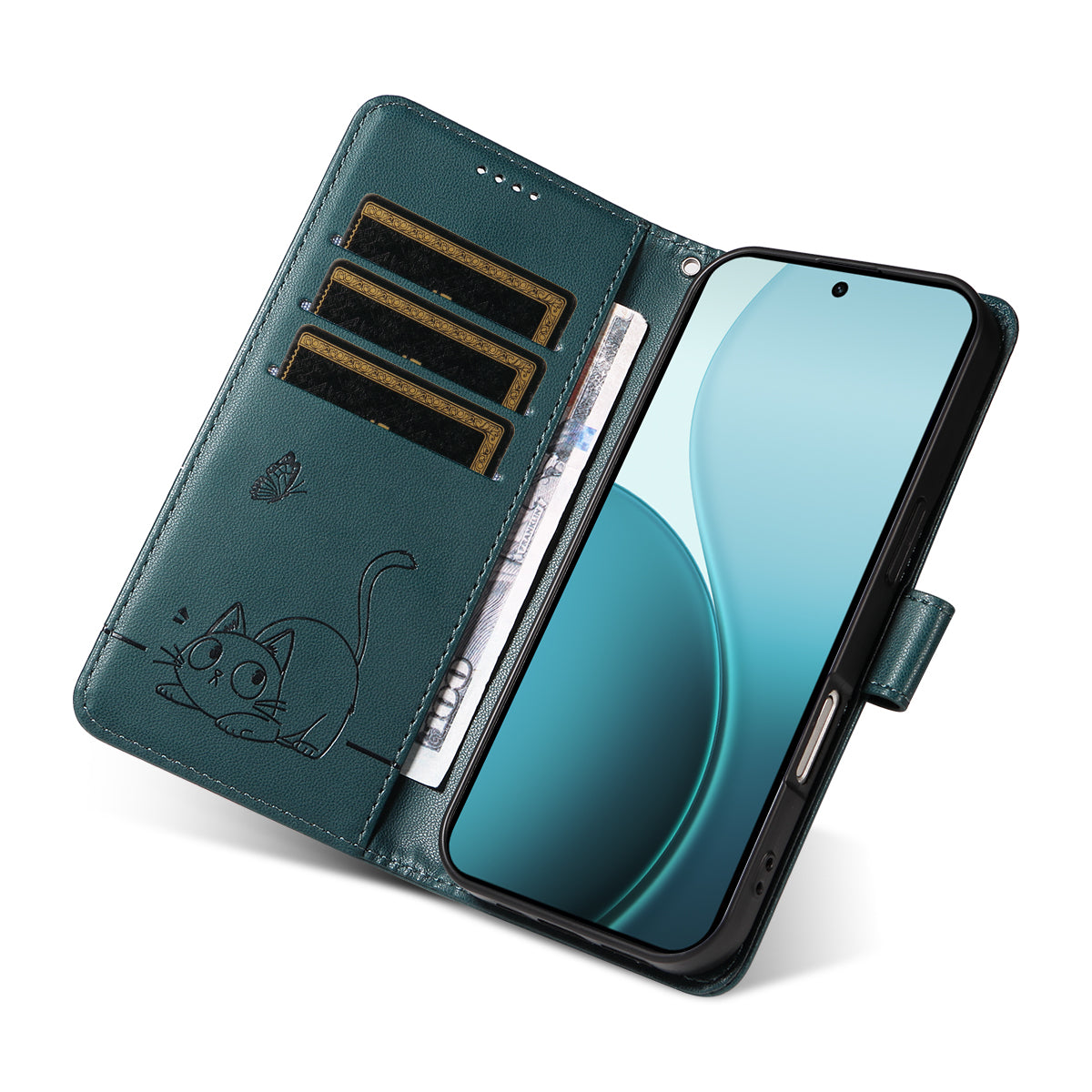 For Oppo Reno14 Pro 5G (China) / Oppo Reno14 Pro 5G (Global) Case Cat Pattern Imprint Leather Phone Cover with Wrist Strap - Blue