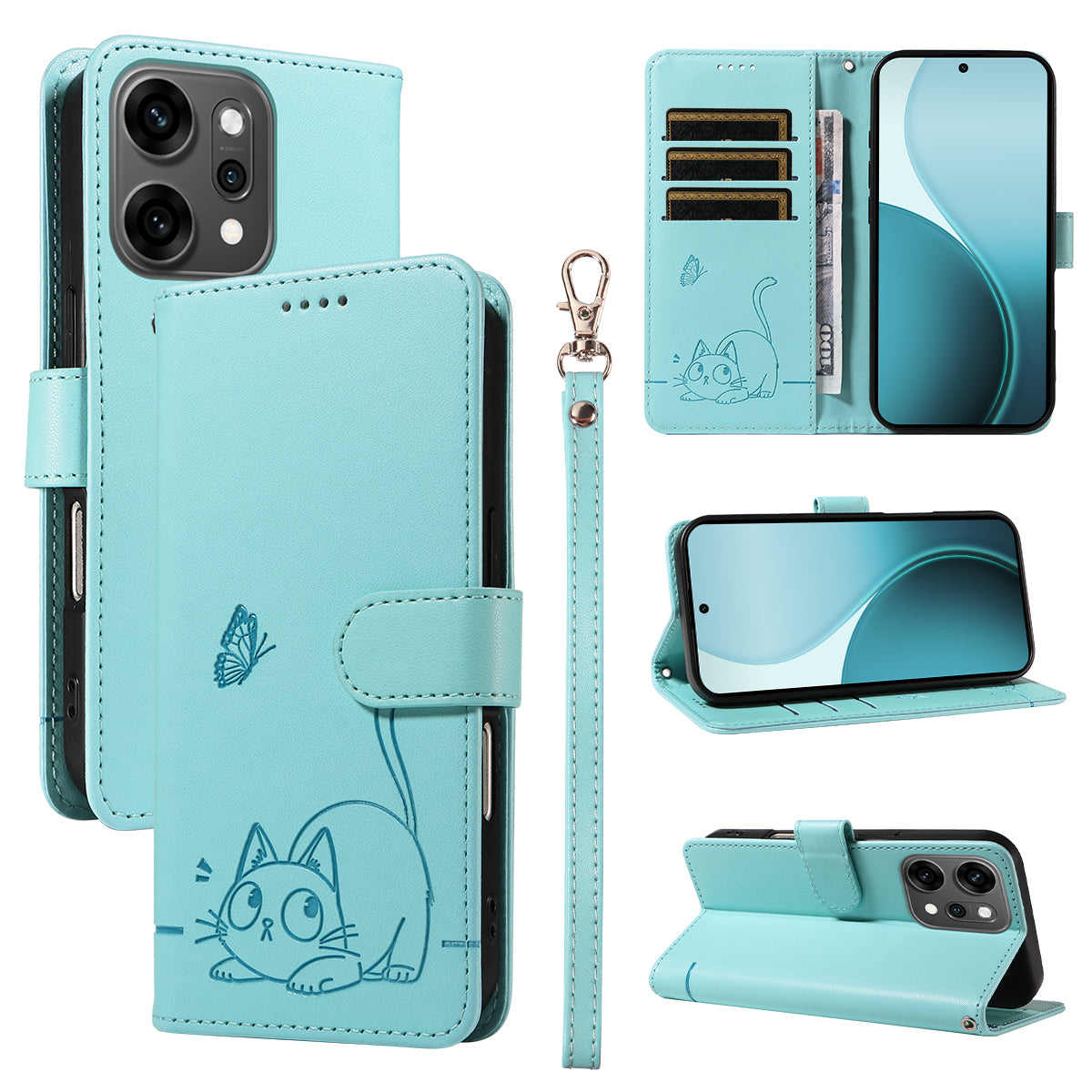 For Oppo Reno14 Pro 5G (China) / Oppo Reno14 Pro 5G (Global) Case Cat Pattern Imprint Leather Phone Cover with Wrist Strap - Green