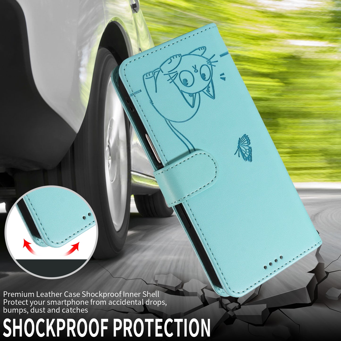 For Oppo Reno14 Pro 5G (China) / Oppo Reno14 Pro 5G (Global) Case Cat Pattern Imprint Leather Phone Cover with Wrist Strap - Green