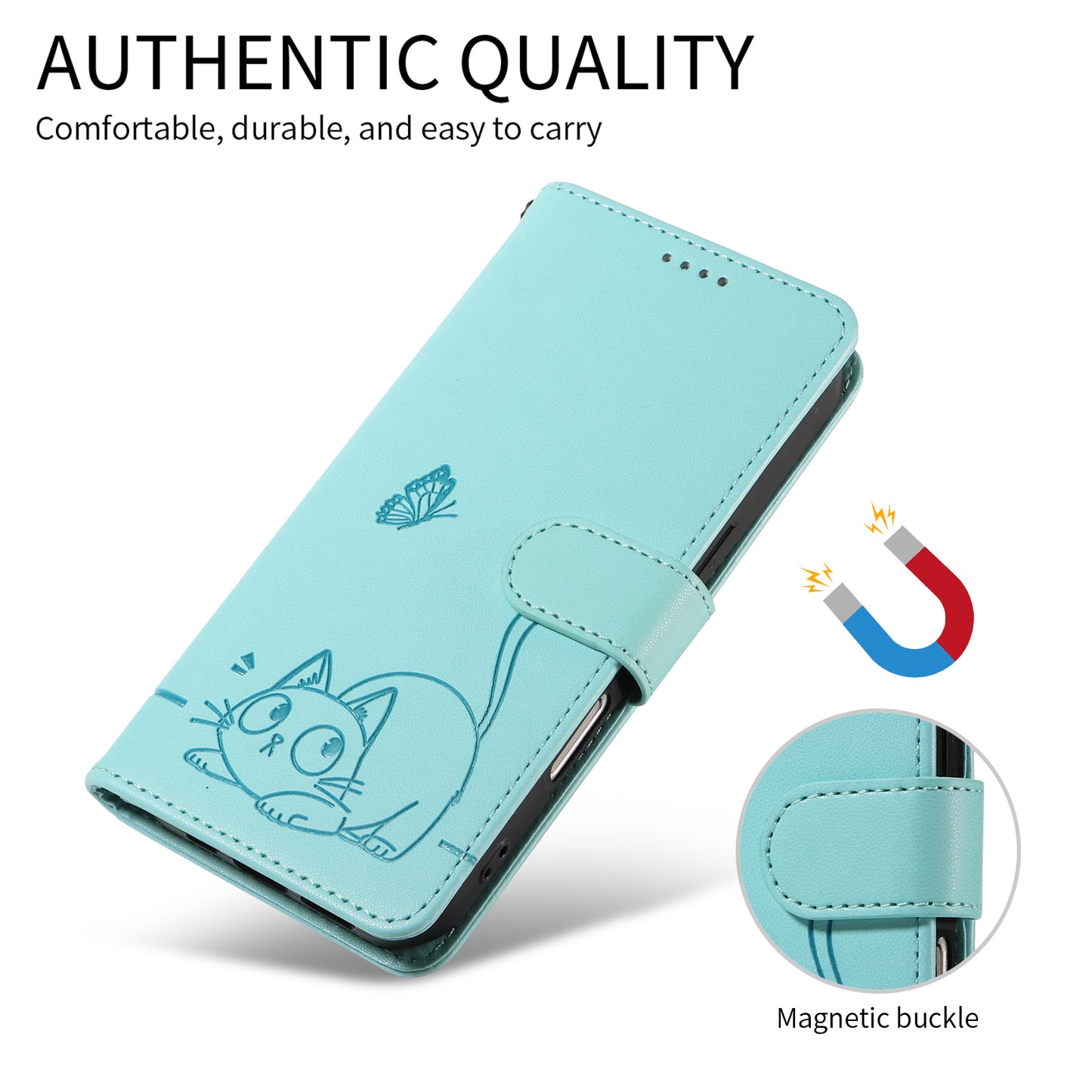 For Oppo Reno14 Pro 5G (China) / Oppo Reno14 Pro 5G (Global) Case Cat Pattern Imprint Leather Phone Cover with Wrist Strap - Green