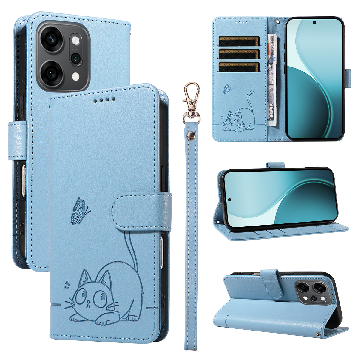 For Oppo Reno14 Pro 5G (China) / Oppo Reno14 Pro 5G (Global) Case Cat Pattern Imprint Leather Phone Cover with Wrist Strap - Sky Blue