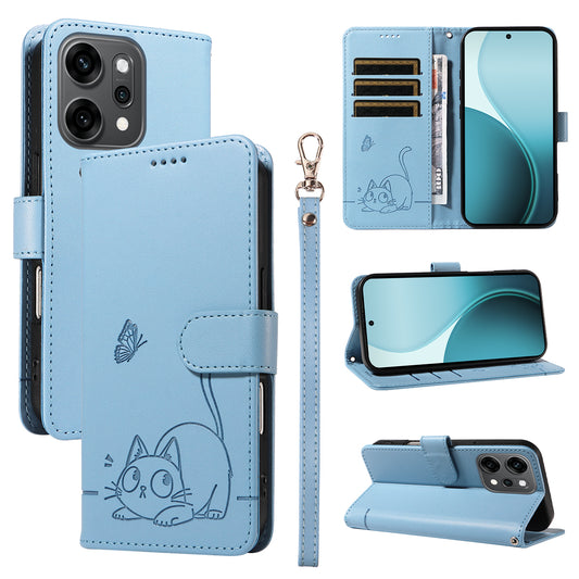For Oppo Reno14 Pro 5G (China) / Oppo Reno14 Pro 5G (Global) Case Cat Pattern Imprint Leather Phone Cover with Wrist Strap - Sky Blue