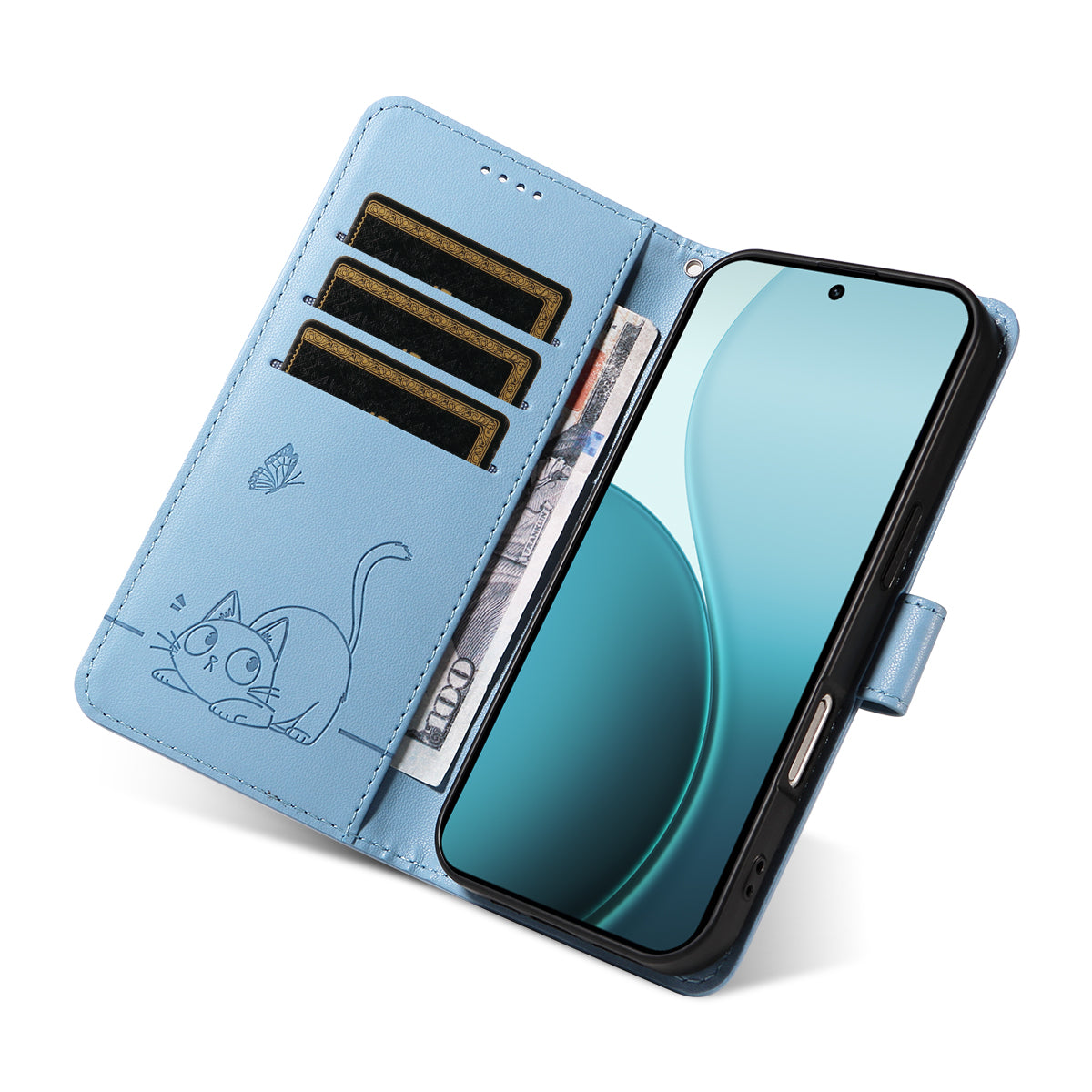 For Oppo Reno14 Pro 5G (China) / Oppo Reno14 Pro 5G (Global) Case Cat Pattern Imprint Leather Phone Cover with Wrist Strap - Sky Blue