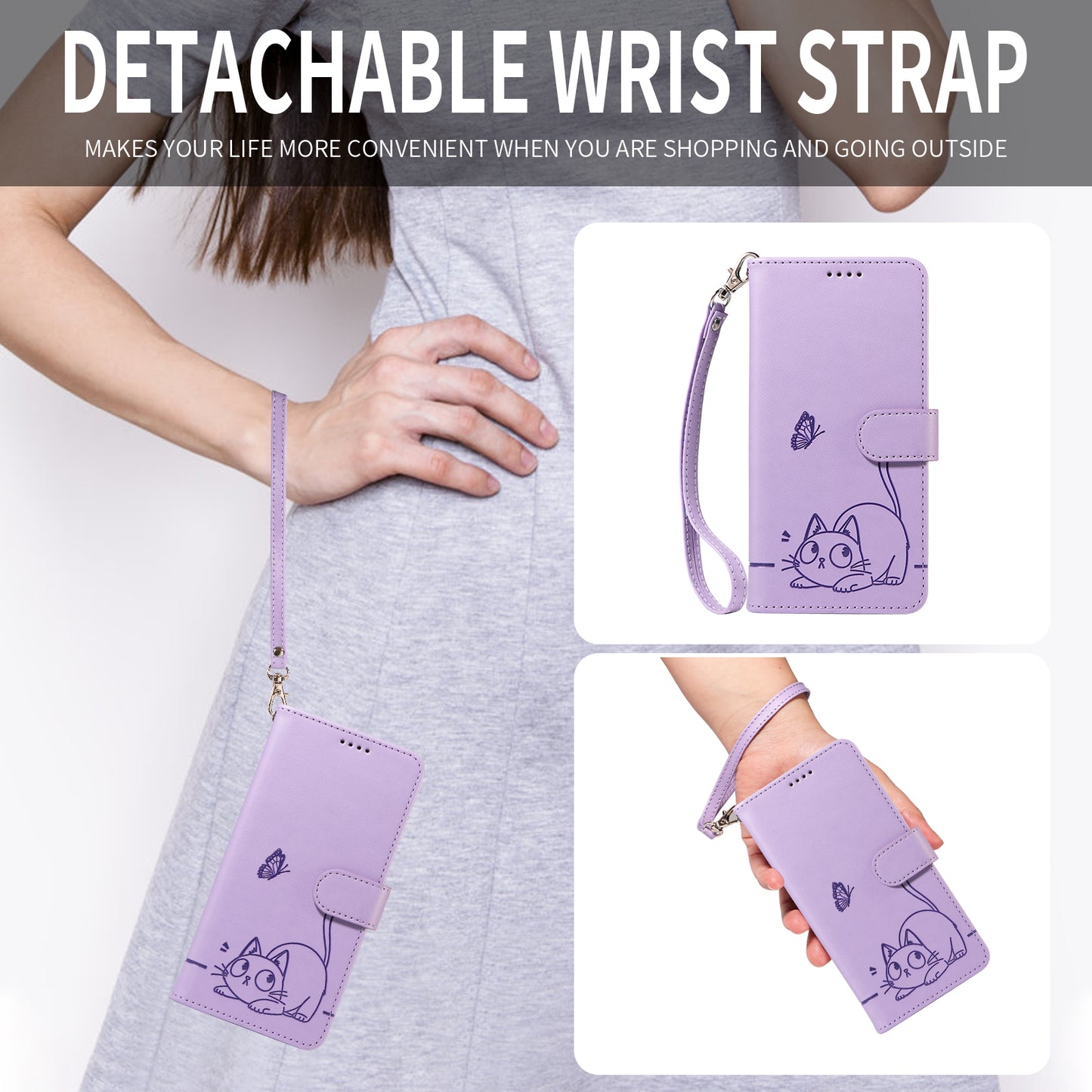 For Oppo Reno14 Pro 5G (China) / Oppo Reno14 Pro 5G (Global) Case Cat Pattern Imprint Leather Phone Cover with Wrist Strap - Purple