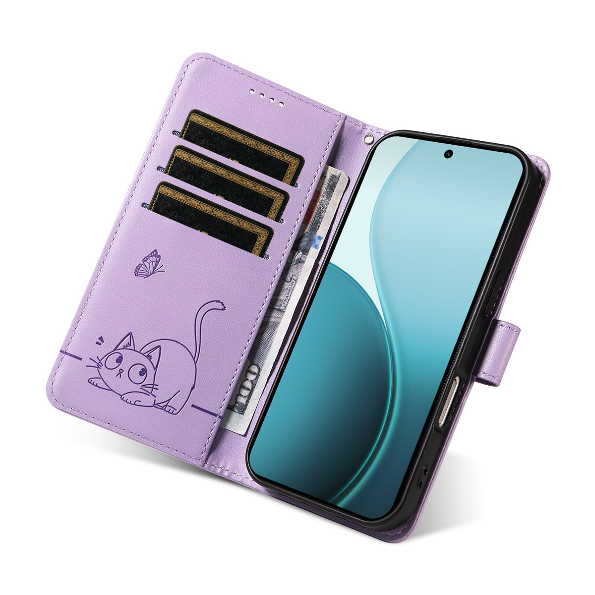 For Oppo Reno14 Pro 5G (China) / Oppo Reno14 Pro 5G (Global) Case Cat Pattern Imprint Leather Phone Cover with Wrist Strap - Purple