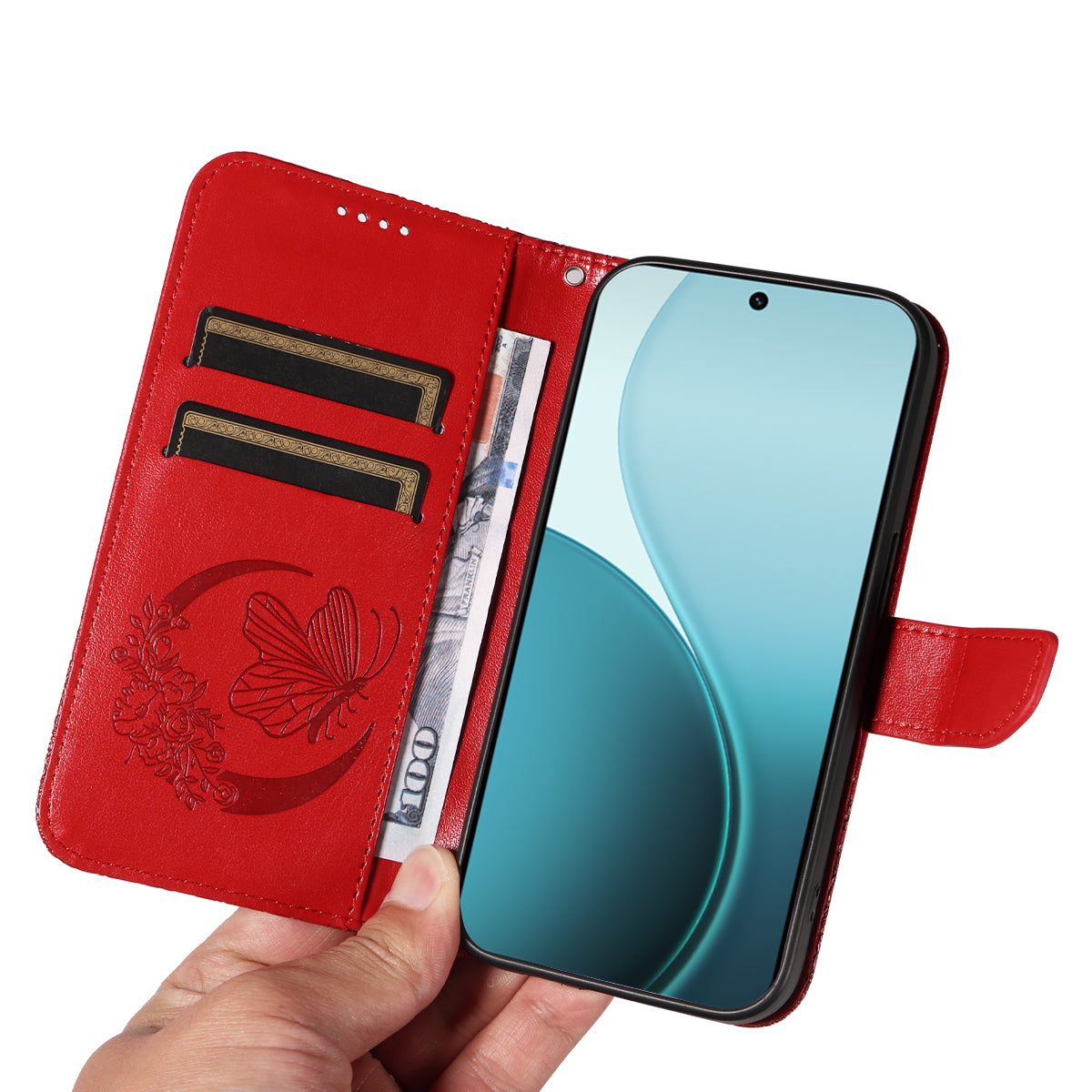 For Oppo Reno14 Pro 5G (China) / Oppo Reno14 Pro 5G (Global) Case Butterfly Pattern PU Leather Folio Flip Phone Cover -  Red