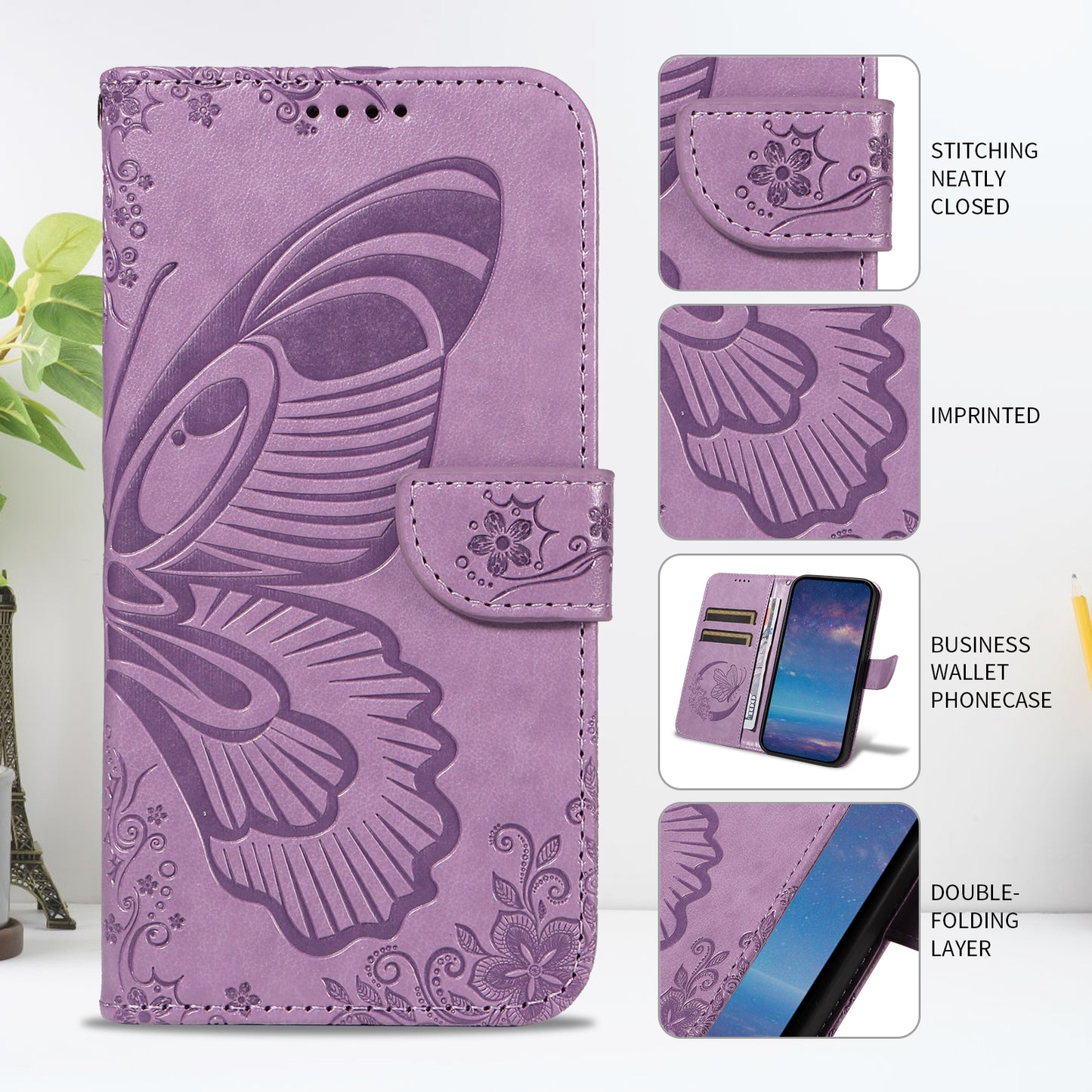 For Oppo Reno14 Pro 5G (China) / Oppo Reno14 Pro 5G (Global) Case Butterfly Pattern PU Leather Folio Flip Phone Cover -  Light Purple