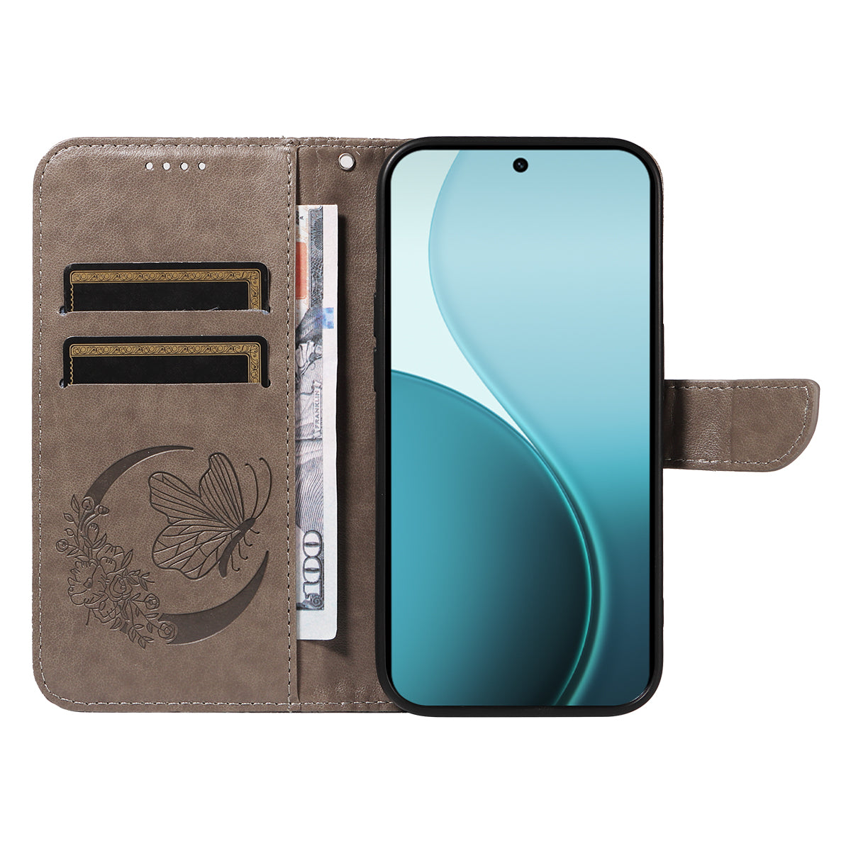 For Oppo Reno14 Pro 5G (China) / Oppo Reno14 Pro 5G (Global) Case Butterfly Pattern PU Leather Folio Flip Phone Cover - Grey