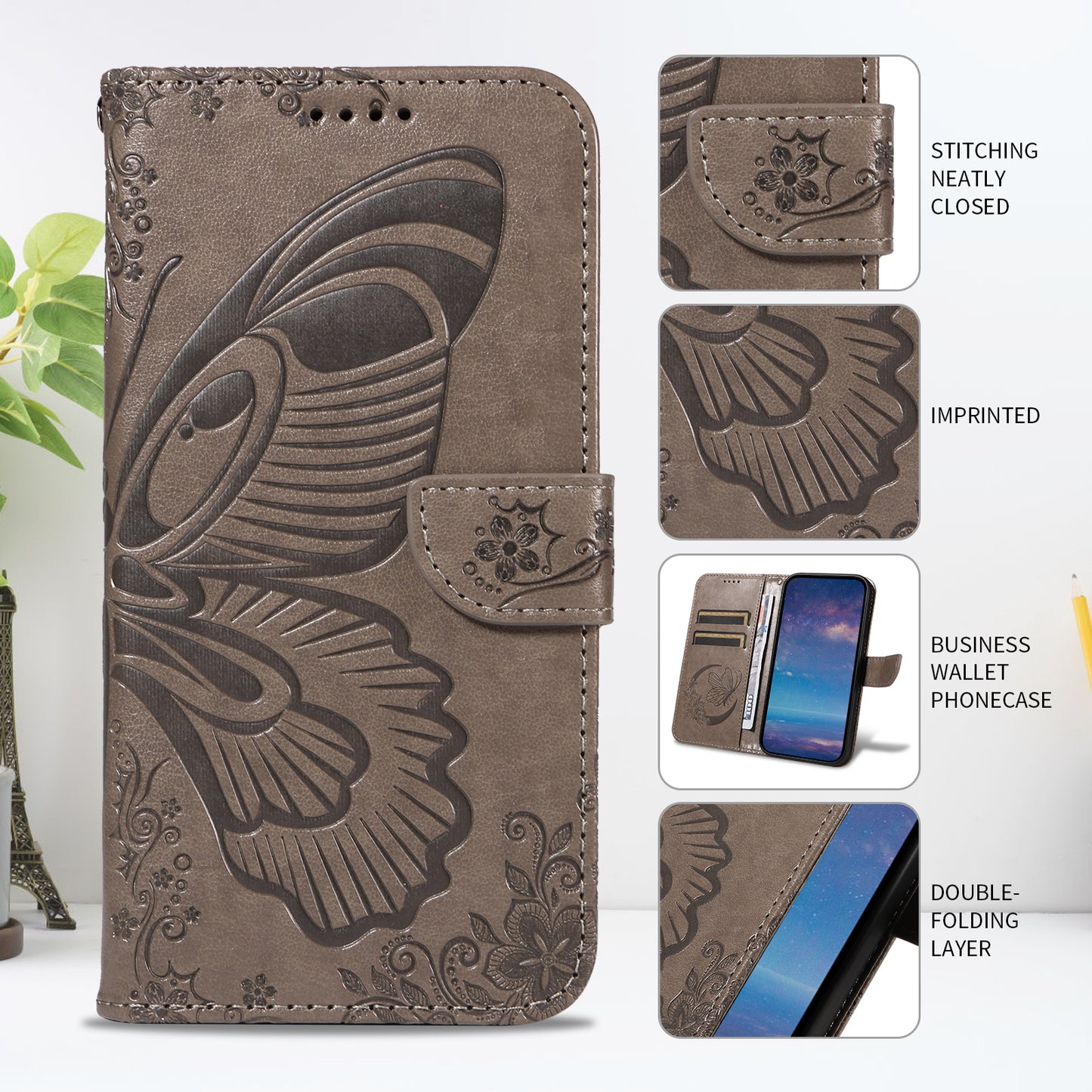 For Oppo Reno14 Pro 5G (China) / Oppo Reno14 Pro 5G (Global) Case Butterfly Pattern PU Leather Folio Flip Phone Cover - Grey