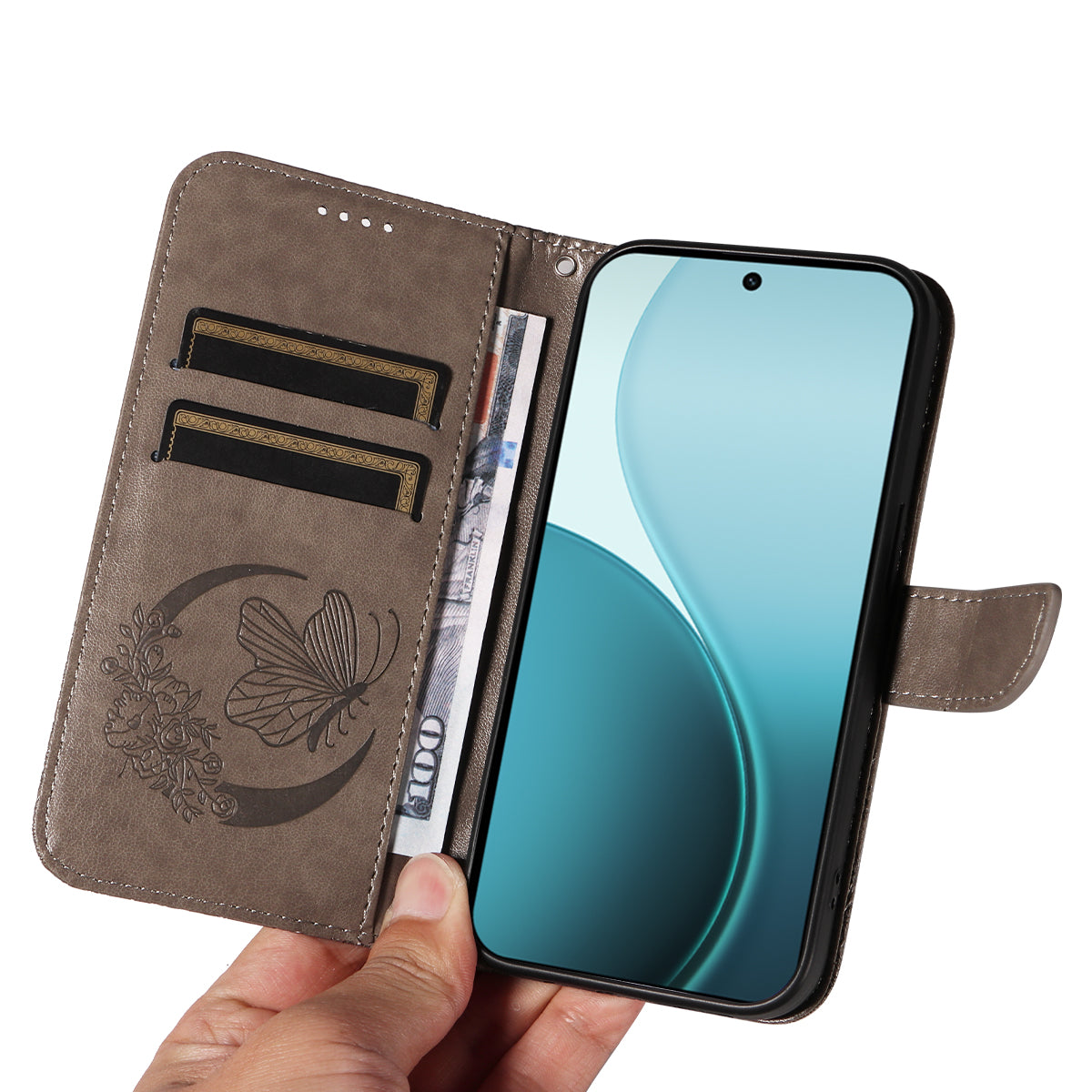 For Oppo Reno14 Pro 5G (China) / Oppo Reno14 Pro 5G (Global) Case Butterfly Pattern PU Leather Folio Flip Phone Cover - Grey