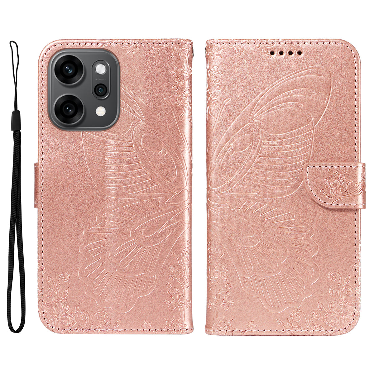 For Oppo Reno14 Pro 5G (China) / Oppo Reno14 Pro 5G (Global) Case Butterfly Pattern PU Leather Folio Flip Phone Cover -  Rose Gold