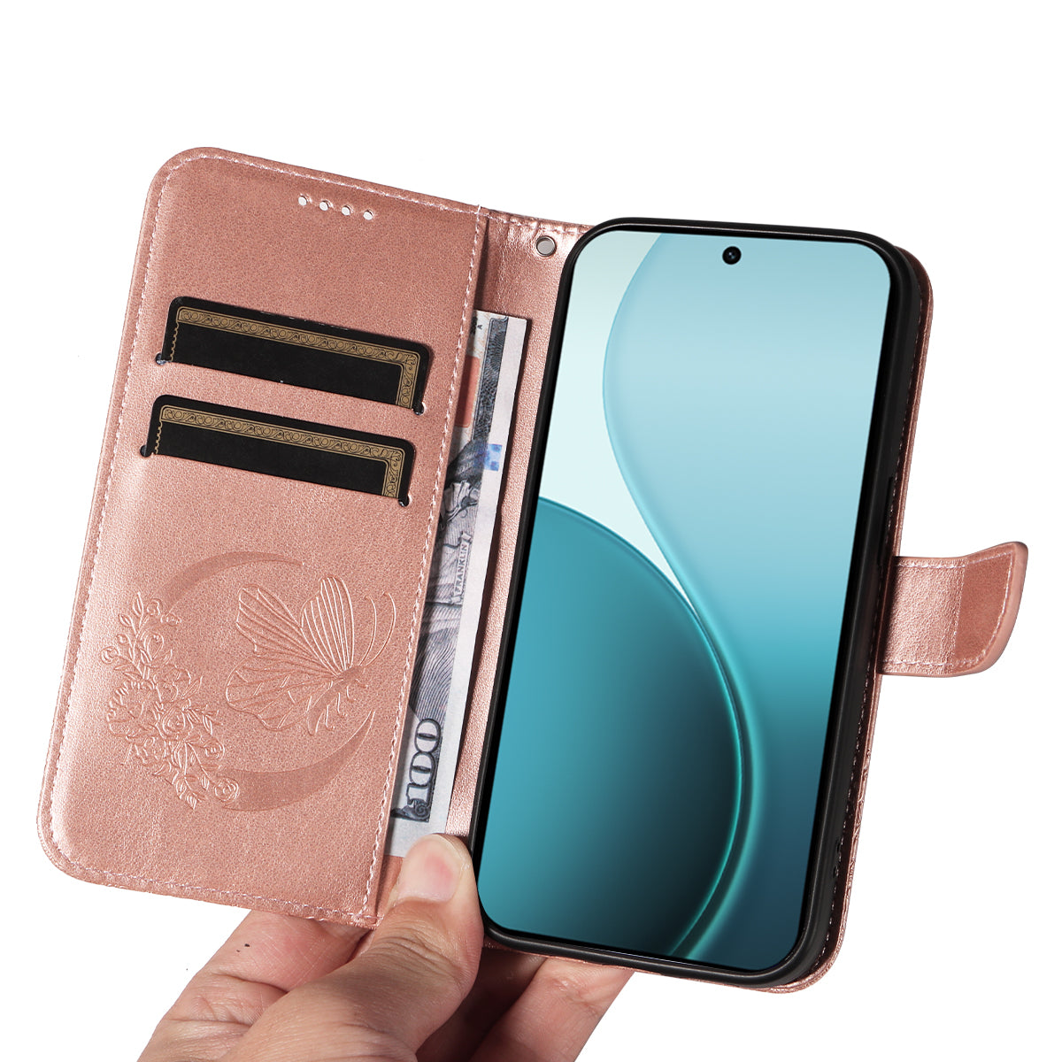 For Oppo Reno14 Pro 5G (China) / Oppo Reno14 Pro 5G (Global) Case Butterfly Pattern PU Leather Folio Flip Phone Cover -  Rose Gold