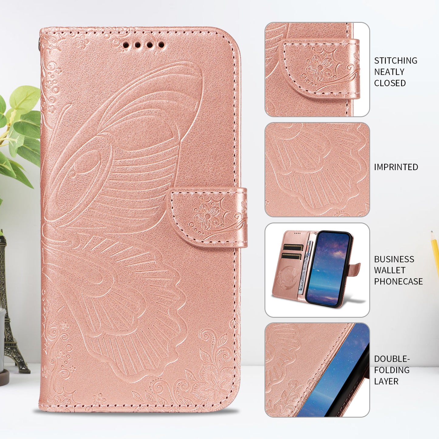 For Oppo Reno14 Pro 5G (China) / Oppo Reno14 Pro 5G (Global) Case Butterfly Pattern PU Leather Folio Flip Phone Cover -  Rose Gold