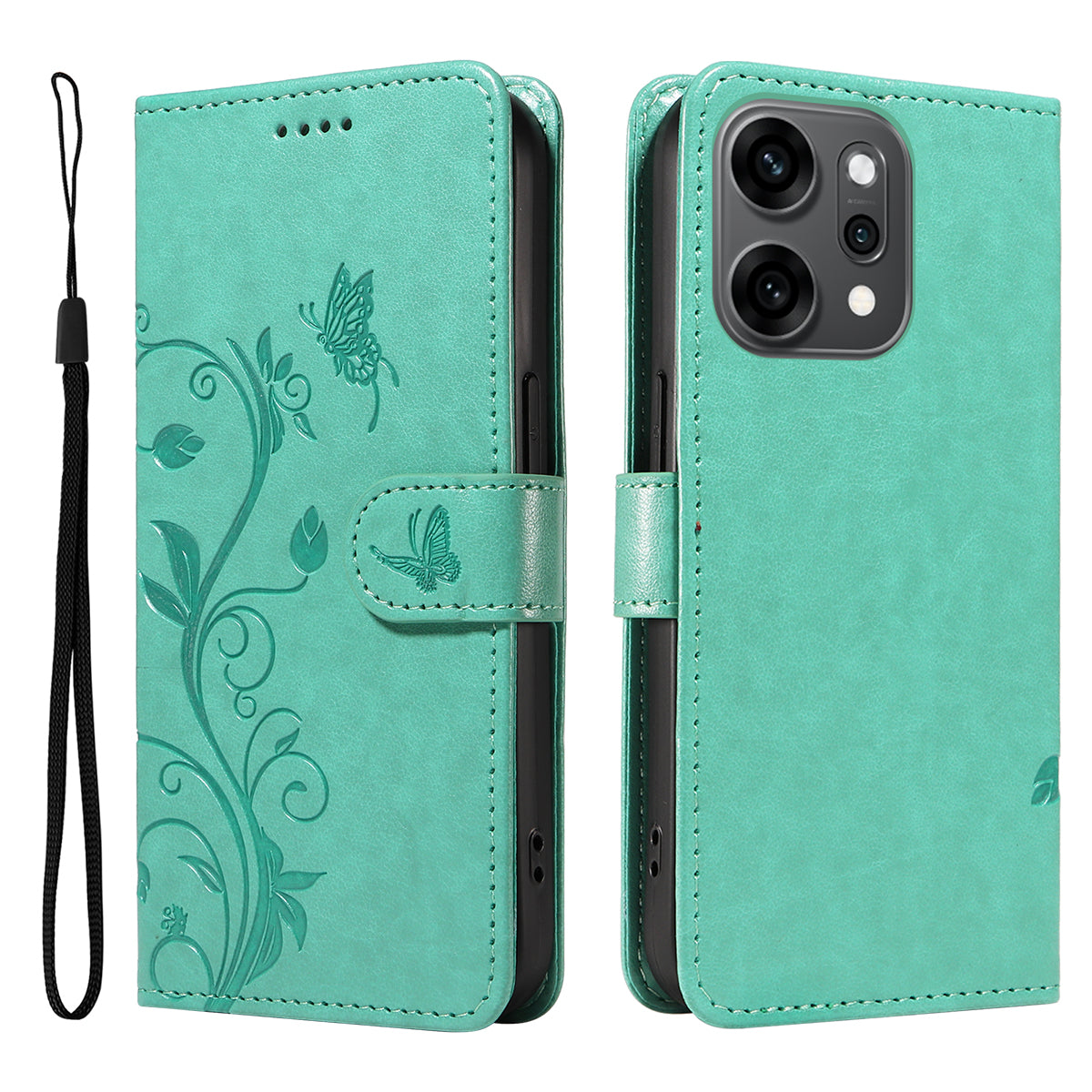 For Oppo Reno14 Pro 5G (China) / Oppo Reno14 Pro 5G (Global) PU Leather Cases Flower Pattern Wallet Stand Phone Cover with Strap - Green