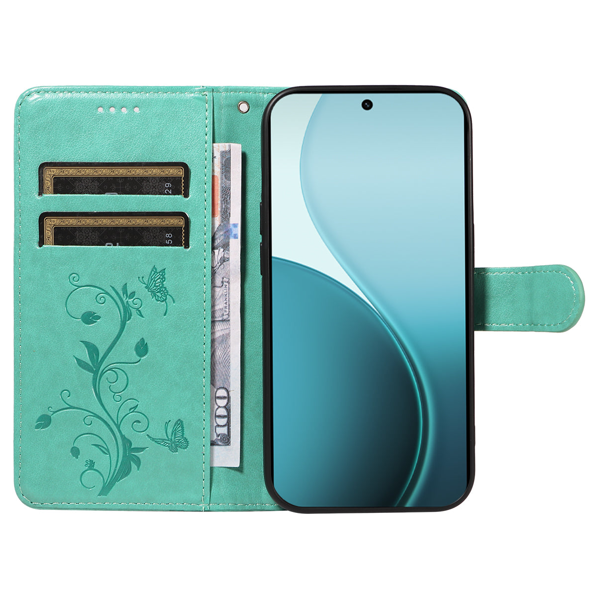For Oppo Reno14 Pro 5G (China) / Oppo Reno14 Pro 5G (Global) PU Leather Cases Flower Pattern Wallet Stand Phone Cover with Strap - Green