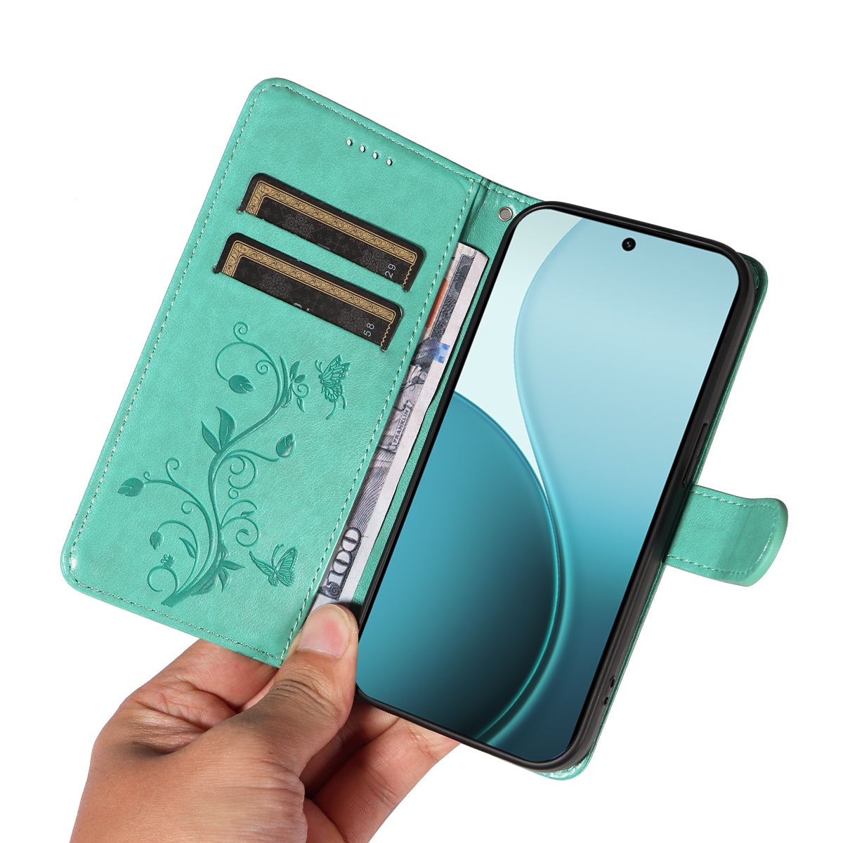 For Oppo Reno14 Pro 5G (China) / Oppo Reno14 Pro 5G (Global) PU Leather Cases Flower Pattern Wallet Stand Phone Cover with Strap - Green